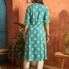 Stylum Women's Aqua Floral Printed Rayon A-Line Kurta (AQUACRAFT)