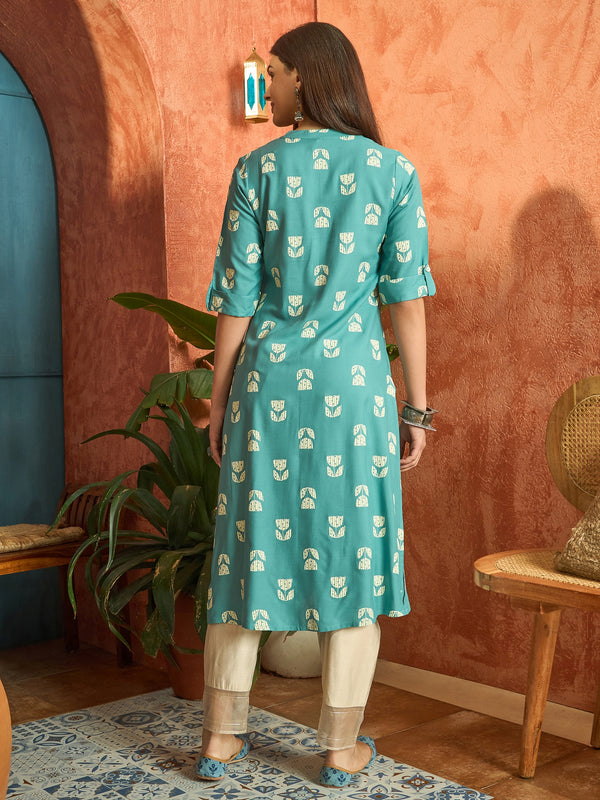 Stylum Women's Aqua Floral Printed Rayon A-Line Kurta (AQUACRAFT)
