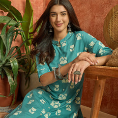 Stylum Women's Aqua Floral Printed Rayon A-Line Kurta (AQUACRAFT)