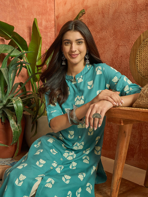 Stylum Women's Aqua Floral Printed Rayon A-Line Kurta (AQUACRAFT)