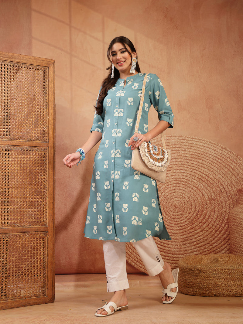 Stylum Women's Aqua Floral Printed Rayon A-Line Kurta (AQUACRAFT)