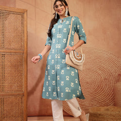 Stylum Women's Aqua Floral Printed Rayon A-Line Kurta (AQUACRAFT)