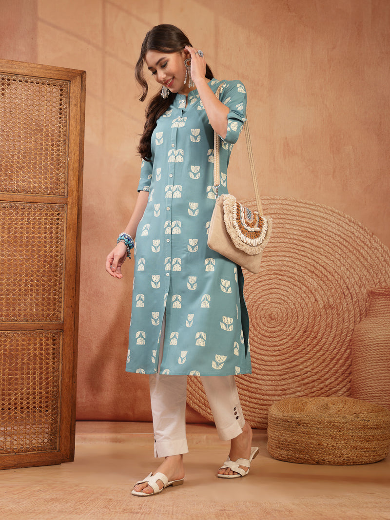 Stylum Women's Aqua Floral Printed Rayon A-Line Kurta (AQUACRAFT)