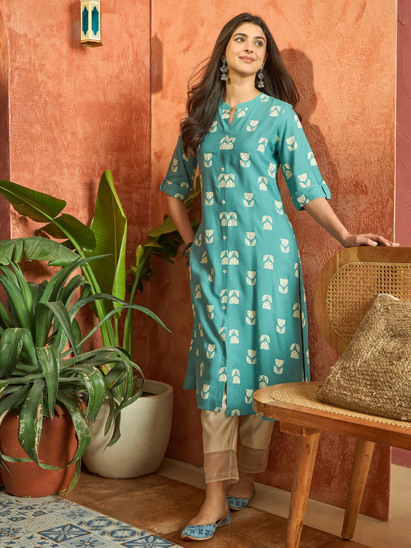 Stylum Women's Aqua Floral Printed Rayon A-Line Kurta (AQUACRAFT)