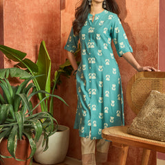 Stylum Women's Aqua Floral Printed Rayon A-Line Kurta (AQUACRAFT)