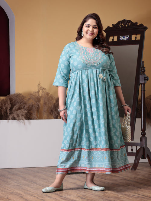 Plus Size Women's Printed & Embroidered Rayon Flared Kurta (AQUAZUBBYPLUS)