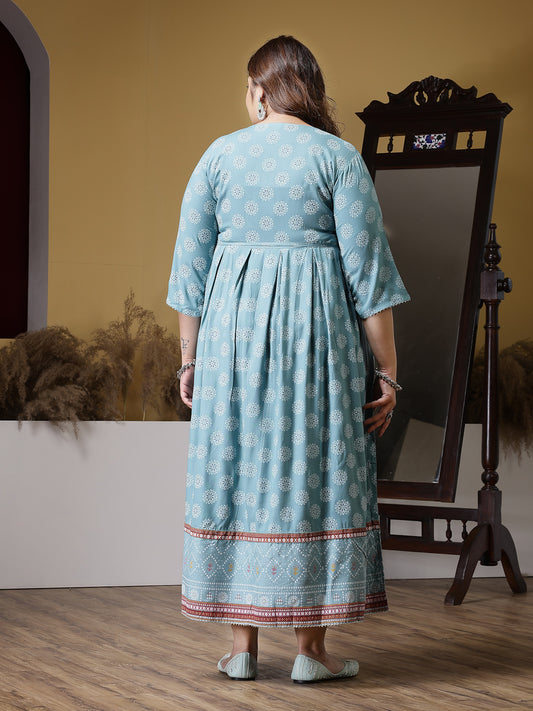 Plus Size Women's Printed & Embroidered Rayon Flared Kurta (AQUAZUBBYPLUS)