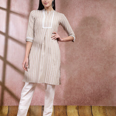 Stylum Women's Woven Striped Cotton Blend Straight Kurta (BEIGEBOSS)