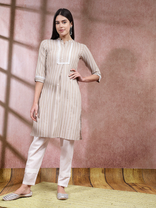 Stylum Women's Woven Striped Cotton Blend Straight Kurta (BEIGEBOSS)