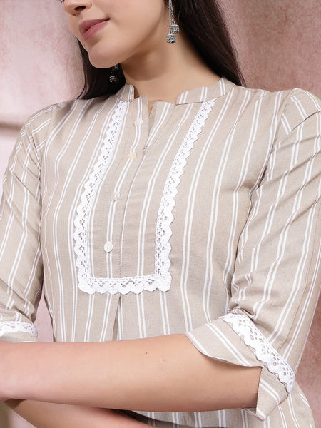 Stylum Women's Woven Striped Cotton Blend Straight Kurta (BEIGEBOSS)