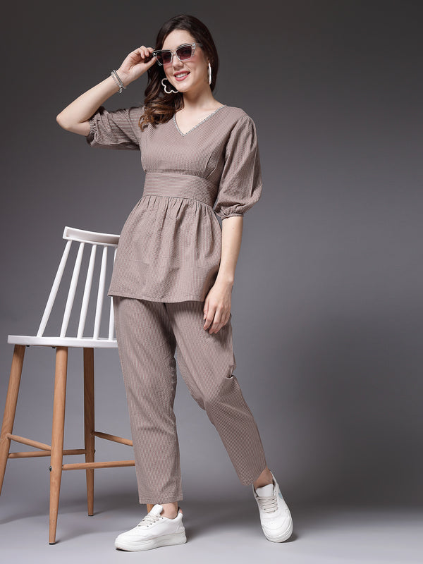 Stylum Women's Self Woven Kantha Cotton Co-Ord Set (BEIGEKATHACORD)