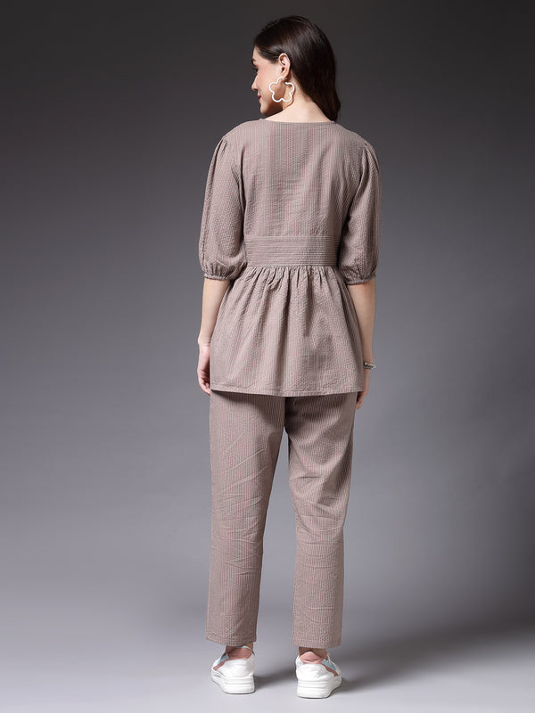 Stylum Women's Self Woven Kantha Cotton Co-Ord Set (BEIGEKATHACORD)