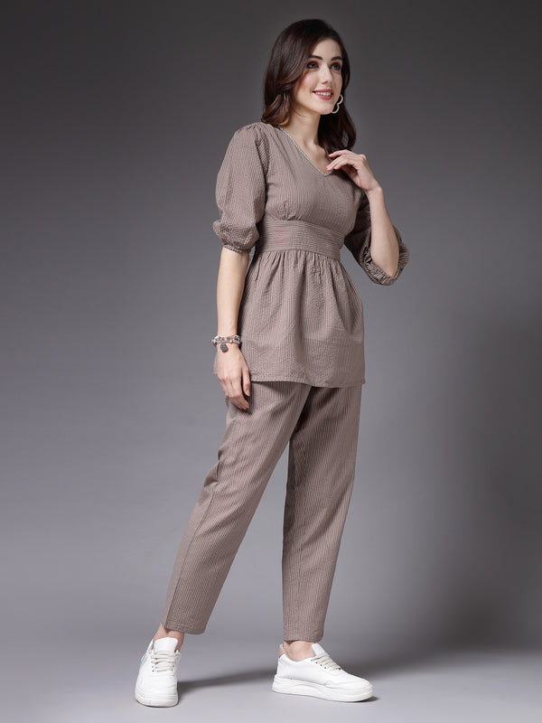 Stylum Women's Self Woven Kantha Cotton Co-Ord Set (BEIGEKATHACORD)