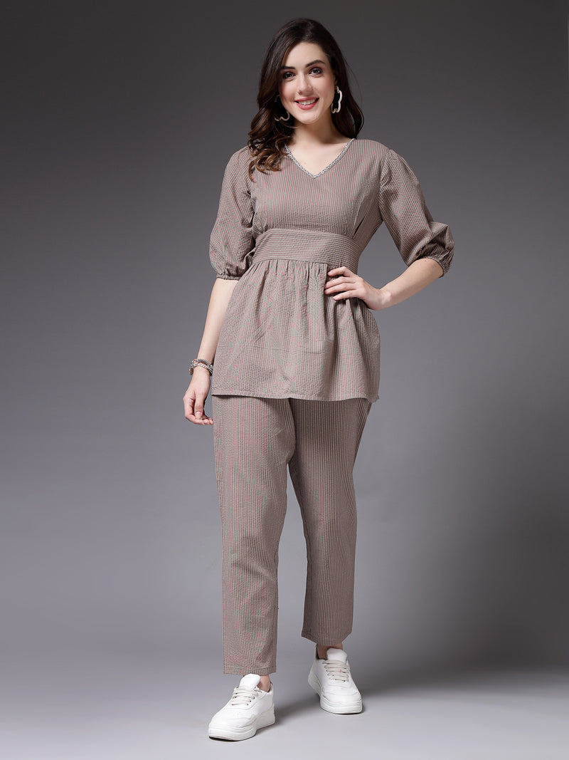 Stylum Women's Self Woven Kantha Cotton Co-Ord Set (BEIGEKATHACORD)