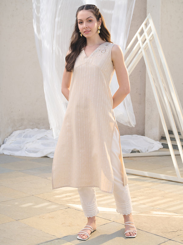 Stylum Women's Beige Solid & Embroidered Cotton Blend Straight Kurta (BEIGENIMO)