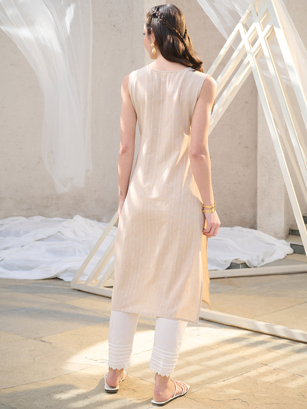 Stylum Women's Beige Solid & Embroidered Cotton Blend Straight Kurta (BEIGENIMO)