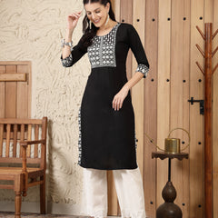 Stylum Women's Black Solid & Embroidered Rayon Straight Kurta (BLACKADAM)
