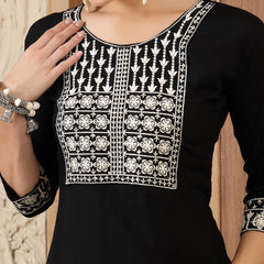 Stylum Women's Black Solid & Embroidered Rayon Straight Kurta (BLACKADAM)
