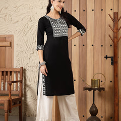 Stylum Women's Black Solid & Embroidered Rayon Straight Kurta (BLACKADAM)
