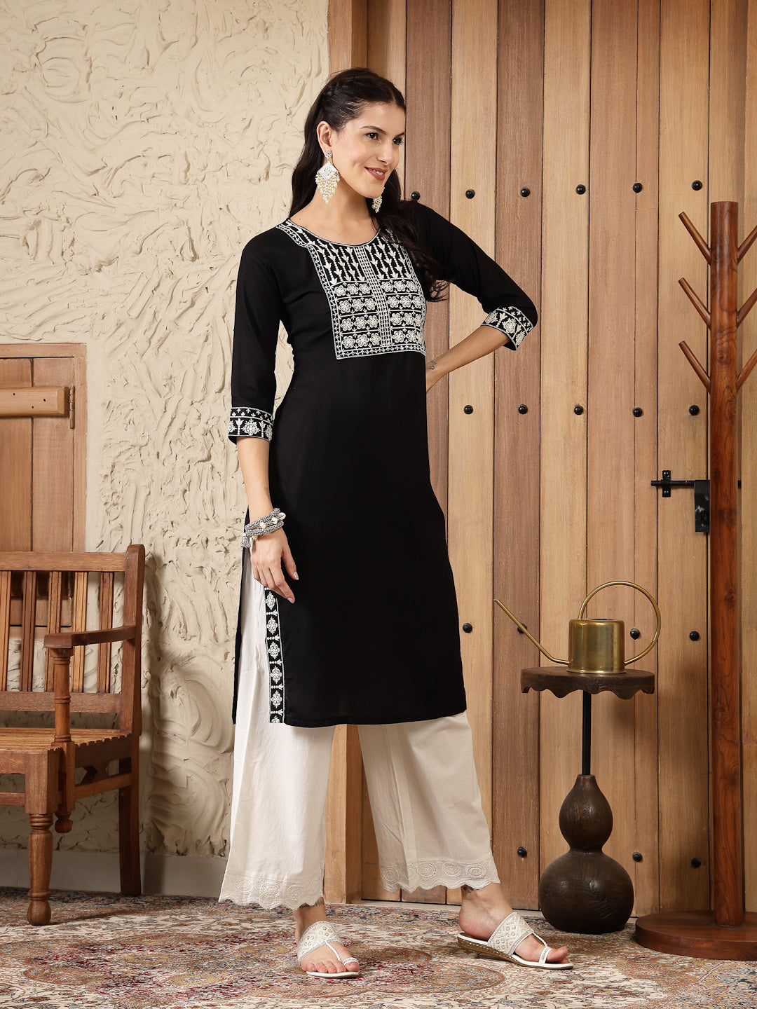 Stylum Women's Black Solid & Embroidered Rayon Straight Kurta (BLACKADAM)