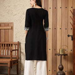 Stylum Women's Black Solid & Embroidered Rayon Straight Kurta (BLACKADAM)