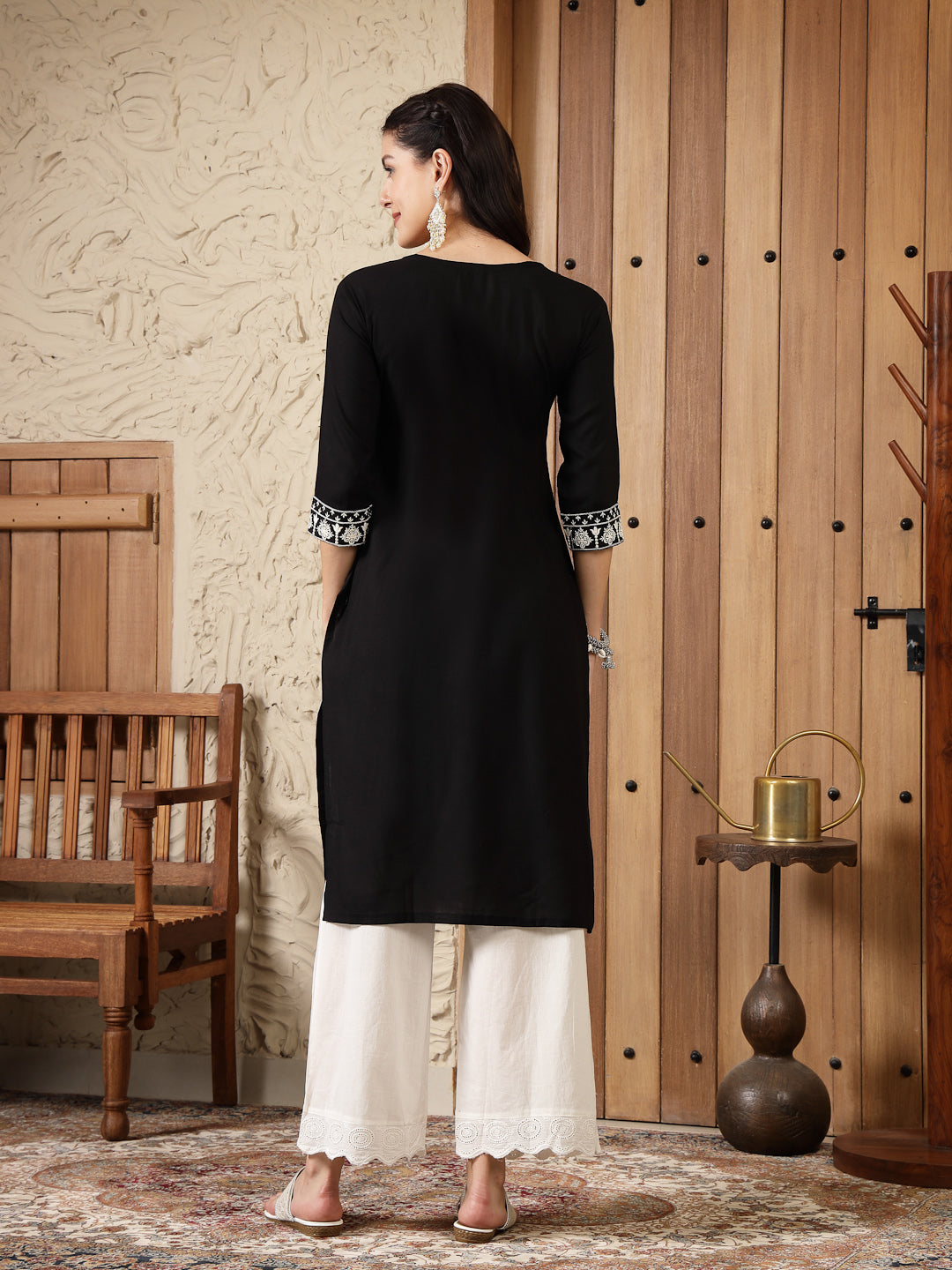 Stylum Women's Black Solid & Embroidered Rayon Straight Kurta (BLACKADAM)