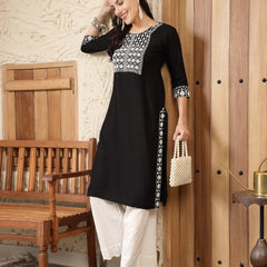 Stylum Women's Black Solid & Embroidered Rayon Straight Kurta (BLACKADAM)
