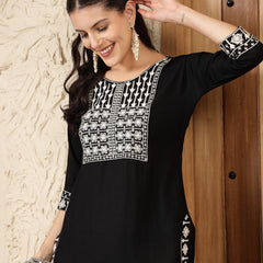Stylum Women's Black Solid & Embroidered Rayon Straight Kurta (BLACKADAM)