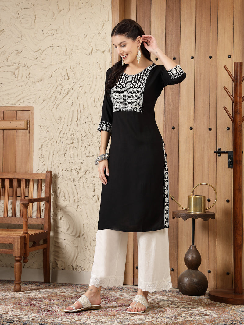 Stylum Women's Black Solid & Embroidered Rayon Straight Kurta (BLACKADAM)