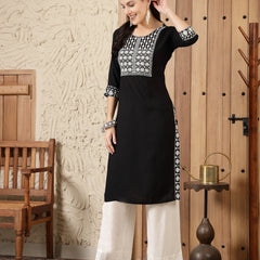 Stylum Women's Black Solid & Embroidered Rayon Straight Kurta (BLACKADAM)