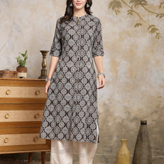 Stylum Women's Black Ajrakh Printed Rayon A-Line Kurta (BLACKBANA)
