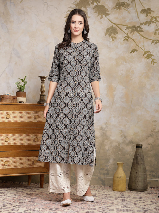 Stylum Women's Black Ajrakh Printed Rayon A-Line Kurta (BLACKBANA)