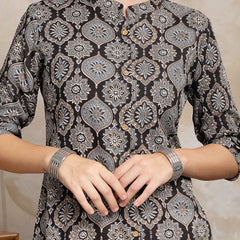 Stylum Women's Black Ajrakh Printed Rayon A-Line Kurta (BLACKBANA)