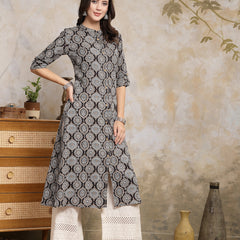 Stylum Women's Black Ajrakh Printed Rayon A-Line Kurta (BLACKBANA)
