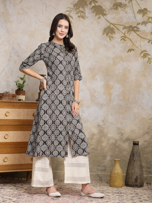 Stylum Women's Black Ajrakh Printed Rayon A-Line Kurta (BLACKBANA)