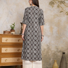 Stylum Women's Black Ajrakh Printed Rayon A-Line Kurta (BLACKBANA)