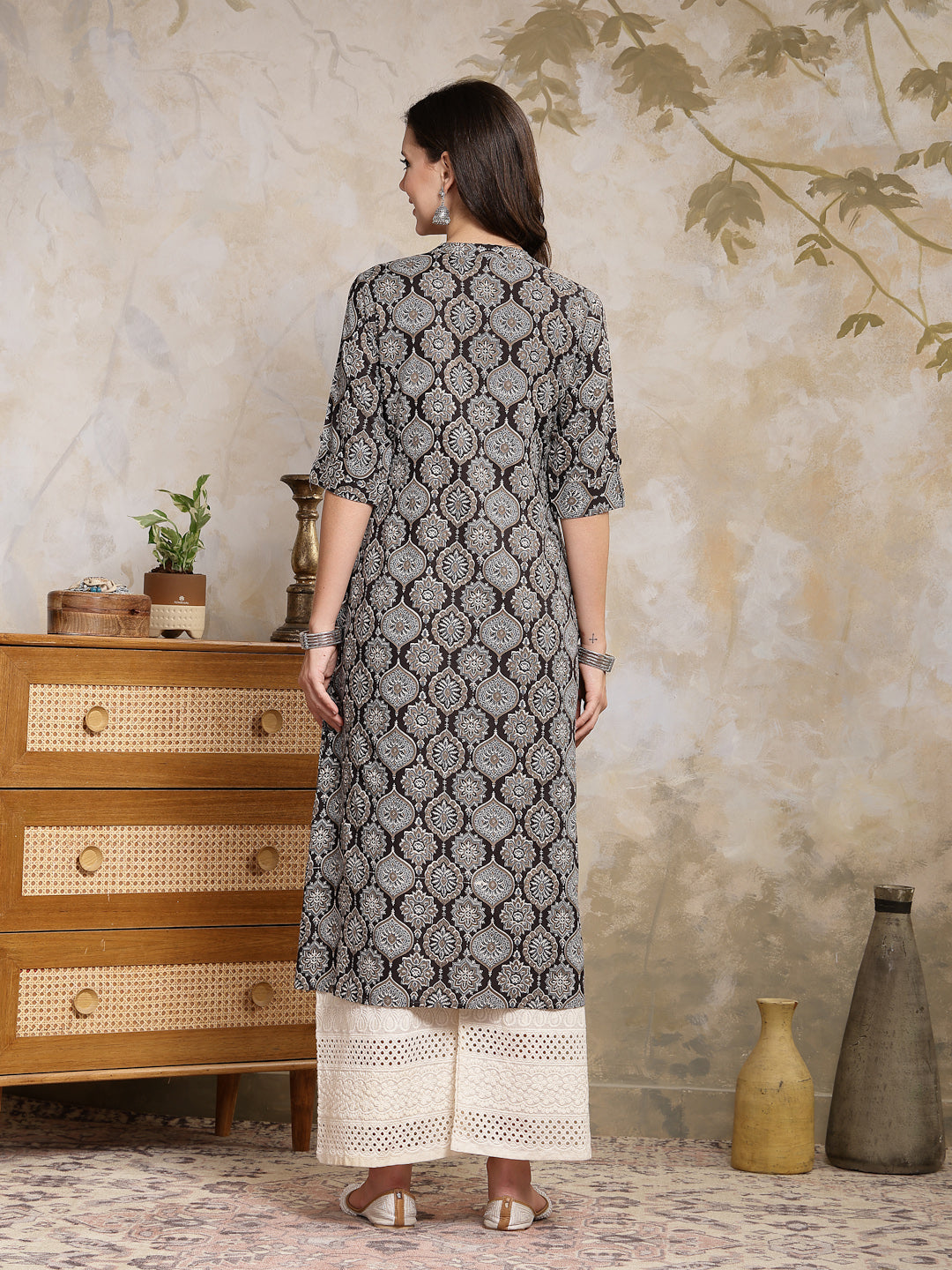 Stylum Women's Black Ajrakh Printed Rayon A-Line Kurta (BLACKBANA)