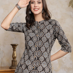 Stylum Women's Black Ajrakh Printed Rayon A-Line Kurta (BLACKBANA)