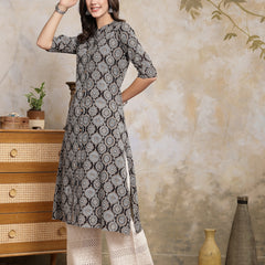 Stylum Women's Black Ajrakh Printed Rayon A-Line Kurta (BLACKBANA)