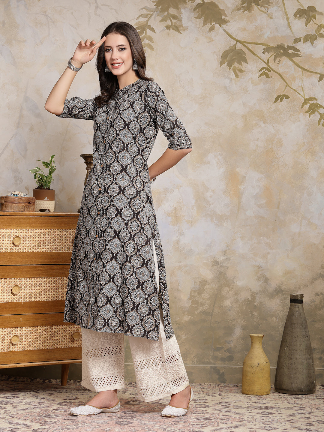 Stylum Women's Black Ajrakh Printed Rayon A-Line Kurta (BLACKBANA)