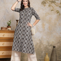 Stylum Women's Black Ajrakh Printed Rayon A-Line Kurta (BLACKBANA)