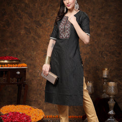 Stylum Women's Black Woven Design & Embroidered Lurex Cotton Straight Kurta (BLACKCHAO)