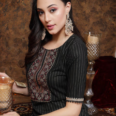 Stylum Women's Black Woven Design & Embroidered Lurex Cotton Straight Kurta (BLACKCHAO)