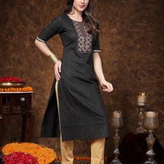 Stylum Women's Black Woven Design & Embroidered Lurex Cotton Straight Kurta (BLACKCHAO)