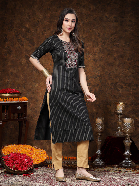 Stylum Women's Black Woven Design & Embroidered Lurex Cotton Straight Kurta (BLACKCHAO)