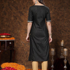 Stylum Women's Black Woven Design & Embroidered Lurex Cotton Straight Kurta (BLACKCHAO)
