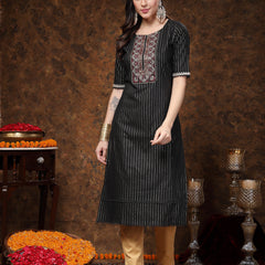Stylum Women's Black Woven Design & Embroidered Lurex Cotton Straight Kurta (BLACKCHAO)