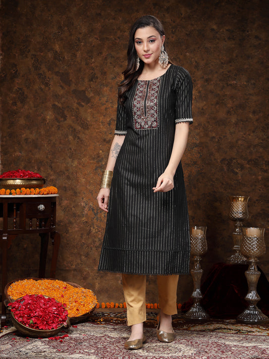 Stylum Women's Black Woven Design & Embroidered Lurex Cotton Straight Kurta (BLACKCHAO)