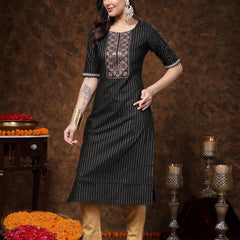 Stylum Women's Black Woven Design & Embroidered Lurex Cotton Straight Kurta (BLACKCHAO)