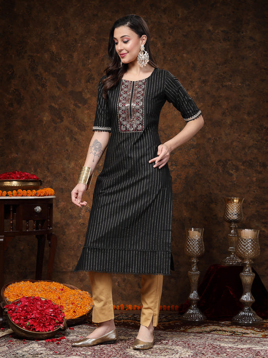 Stylum Women's Black Woven Design & Embroidered Lurex Cotton Straight Kurta (BLACKCHAO)